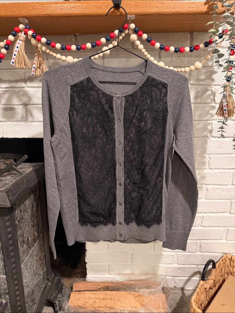 Ann Taylor Gray Cardigan with Black Lace